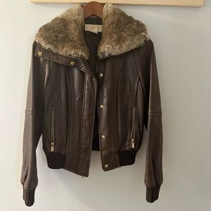 Michael Kors brown leather bomber with fur trim